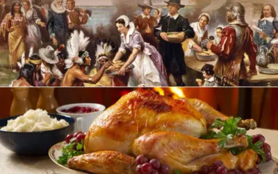 Una escena histórica de la celebración del **dia de accion de gracias en ingles** junto a un pavo asado y puré de patatas.