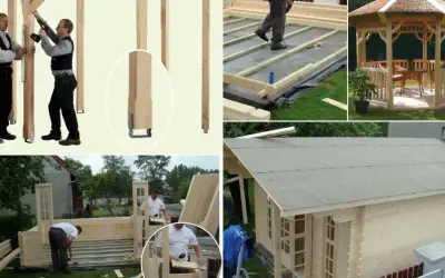 Budowa altany: montaż drewnianej konstrukcji, wylewanie fundamentu pod altanę, gotowa altana i budowa domku drewnianego.
