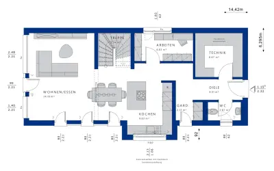 Grundriss eines Traumhauses mit Wohnen/Essen, Kochen, Arbeiten, Diele, WC und Technik.