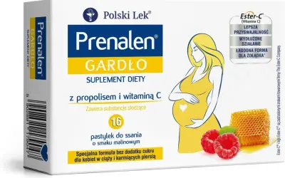 Prenalen Gardło - suplement diety z propolisem i witaminą C dla kobiet w ciąży. Pomaga złagodzić ból gardła, łagodna forma dla żołądka.