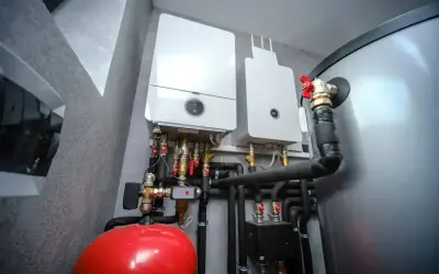 Dwa nowoczesne kotły gazowe wiszą na ścianie obok dużego, srebrnego bojlera. Pod nimi widoczny jest czerwony zbiornik przeponowy i skomplikowana instalacja hydrauliczna.