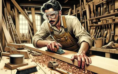 Falegname con occhiali protettivi usa una pialla per sverniciare mobile legno. Trucioli di legno ovunque, attrezzi appesi alle pareti.