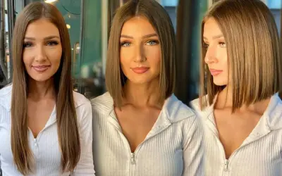 Trzy ujęcia tej samej kobiety z pięknymi, blond włosami. Na pierwszym widać ją z długimi, prostymi włosami, na kolejnych dwóch z modną, krótką fryzurą.