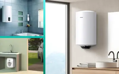 Scaldabagno per 4 persone: quanti litri servono? Immagini di scaldabagni moderni in bagno e sottolavabo.