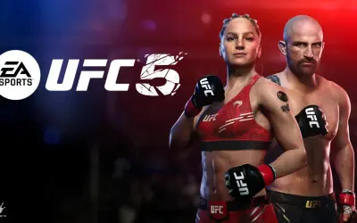Logo EA Sports UFC 5 z zawodniczką i zawodnikiem MMA. Gra UFC PC zapowiada emocjonujące starcia.