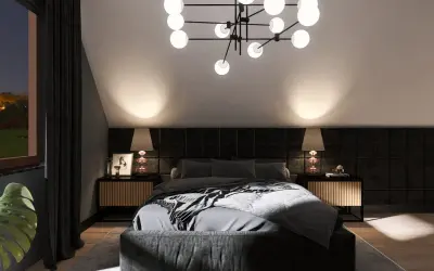 Nowoczesna sypialnia z łóżkiem i lampkami nocnymi, przypominająca wnętrze w stylu zamkowym.