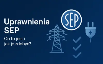 Uprawnienia SEP: co to jest i jak je zdobyć? Grafika przedstawia symbol SEP, linię energetyczną, wtyczkę i zaznaczone punkty.