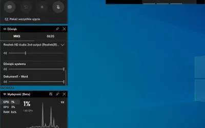 Widok zrzutu ekranu Windows z panelami Ujęcie, Dźwięk i Wydajność.