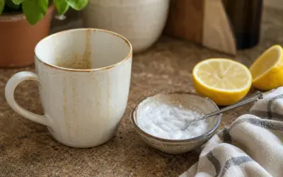 Una tazza, una ciotola con bicarbonato e limone, ingredienti per lucidare marmo con bicarbonato e ottenere una superficie brillante.