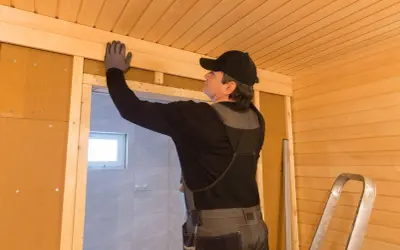 Budowa sauny na poddaszu. Mężczyzna w rękawiczkach montuje drewniane wykończenie sufitu.