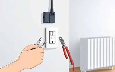 Main tenant modifie une prise électrique pour la transformer en prise radiateur, avec des pinces et un adaptateur.