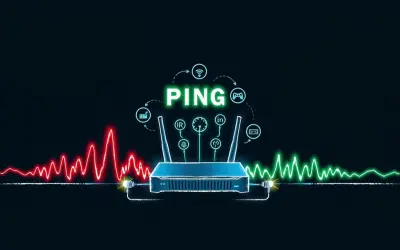 Router z ikonami symbolizującymi różne aktywności online, otoczony wykresami sygnału. Dowiedz się, co to ping i jak wpływa na Twoje połączenie.