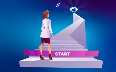 Kobieta w białej marynarce stoi przed schodami z napisem "START". Czy powinna zacząć wchodzić, czy wahać się?