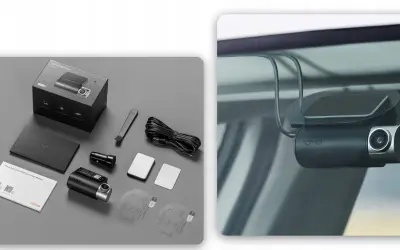 Zestaw 70mai hardwire kit jak podłączyć. Wideorejestrator 70mai A510 zamontowany na szybie, obok akcesoria do montażu.