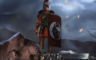 Rzymski legionista z tarczą w kształcie wilka, gotowy do walki w **Total War Arena**. Na niebie płoną pochodnie.
