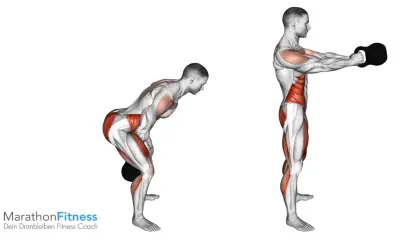 Anatomische Darstellung eines Mannes, der Kettlebell schwingen ausführt. Die Muskeln sind hervorgehoben.