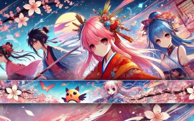 Anime-Charaktere mit Kirschblüten und Mond. Ein Junge mit Schwert, ein Mädchen mit rosa Haaren und ein Mädchen mit blauen Haaren.