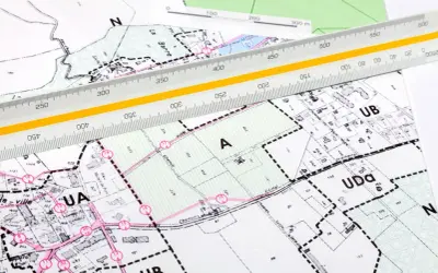 Plany miejscowe (mpzp) to szczegółowe mapy urbanistyczne. Na zdjęciu widać fragmenty takich map z naniesionymi działkami i liniami, a także linijkę geodezyjną.