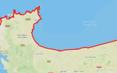 Carte d'un itinéraire cyclable longeant la côte de Saint-Malo à Cancale, puis vers le Mont Saint-Michel.