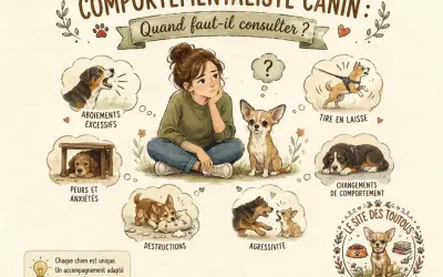 Illustration d'une jeune femme réfléchissant aux problèmes de comportement canin : aboiements, peurs, destructions, agressivité, tirage en laisse, changements. Un comportementaliste canin peut aider.