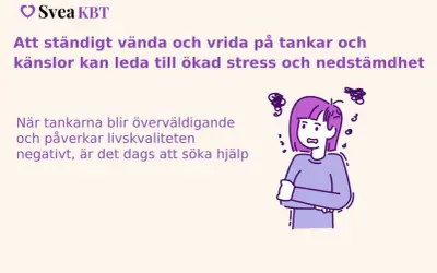 En person med armarna i kors och oroliga tankar som virvlar runt huvudet. Att fastna i tankar kan leda till stress.