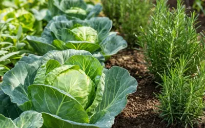 Légumes verts frais, choux et romarin dans un potager ensoleillé. L'arôme du romarin embaume le jardin.
