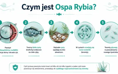 Cykl rozwojowy pasożyta powodującego ospę u ryb akwariowych: od ataku na skórę, przez tworzenie cyst, po uwolnienie nowych terontów szukających żywiciela.