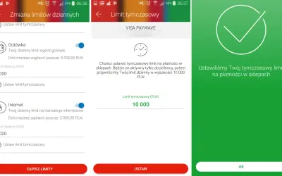 Jak zmienić limit w mBank aplikacji? Widok ustawiania tymczasowego limitu płatności w sklepie na 10 000 PLN.