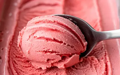 Pyszne, domowe lody truskawkowe z przepisu. Łyżka nabiera porcję kremowego, różowego deseru.