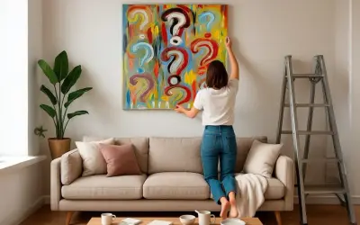 A woman hangs a colorful, question-mark-filled painting, pondering how to choose art for her home.