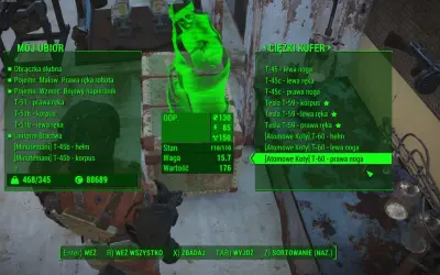 Interfejs gry Fallout 4 z listą ekwipunku i przedmiotów. Gracze szukają tu fallout 4 kody na pancerze i wyposażenie.