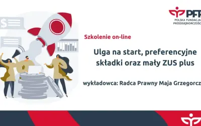 Szkolenie o uldze na start, preferencyjnym ZUS i małym ZUS plus. Grafika z rakietą i ludźmi.