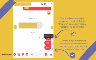 Jak sprawdzić czy ktoś cię zablokował na Messengerze? Zablokowana osoba widzi status "Wysłano" z pustym ptaszkiem, niezablokowana "Dostarczono" z pełnym.