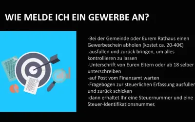 Grafik zeigt, wie man ein Gewerbe anmeldet: Zielscheibe, Dokumente, Lupe. Schritt-für-Schritt-Anleitung zur Gewerbeanmeldung.