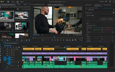 Edycja w **Premiere Pro**: montażysta pracuje nad projektem, widać okna podglądu, osi czasu i panel efektów Lumetri Color.