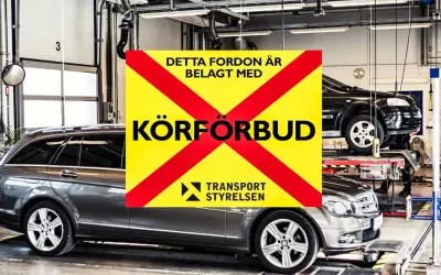 Bilverkstad med en skylt om körförbud. En efterkontroll besiktning 2 månader kan vara nödvändig.