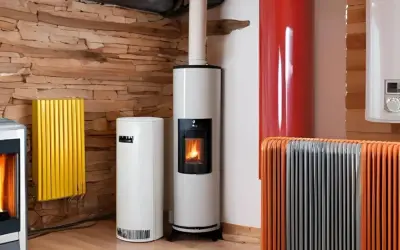 Plusieurs appareils de chauffage, dont des poêles à granulés et des radiateurs, sont alignés sur un mur en pierre. Un système de chauffage naturel pour un intérieur cosy.