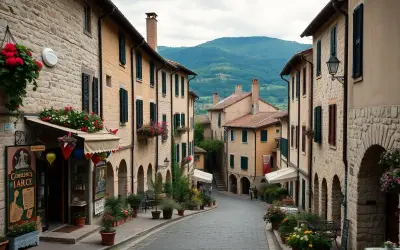 Strada acciottolata tra case in pietra e fiori, un'incantevole immagine di borghi nord Italia con montagne sullo sfondo.