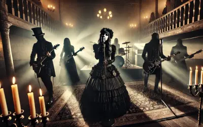 Zespół goth w mrocznym, teatralnym wnętrzu, z wokalistką w koronkowej sukni i muzykami grającymi na gitarach.