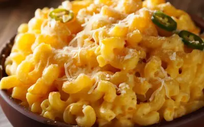 Cremiges Mac and Cheese mit Jalapeño-Scheiben und geriebenem Käse, serviert in einer braunen Schüssel.