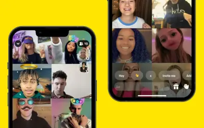 Na ekranach telefonów widać rozmowy wideo na Yubo. Użytkownicy używają filtrów, wysyłają emotki i zapraszają znajomych.
