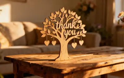 Drewniane drzewko z wyciętym napisem "thank you" i wiszącymi serduszkami. Ciepłe światło podkreśla jego urok.