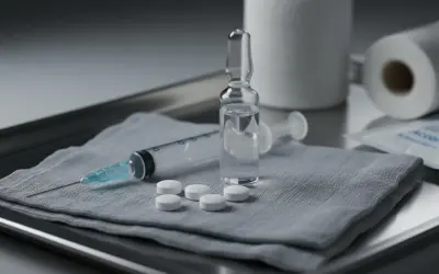 Strzykawka, ampułka z płynem, tabletki i wacik alkoholowy na tacy. Gotowość do podania leku, np. dexametazonu.