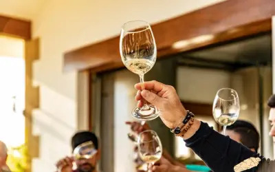 Manos brindando con copas de vino blanco. ¿Qué es chacolí? Es un vino joven y fresco, ideal para disfrutar en buena compañía.