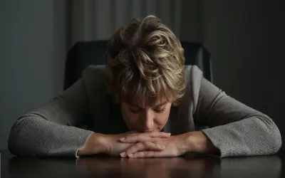 Kobieta z opuszczoną głową, ręce splecione na stole. Wygląda na wyczerpaną, jakby przechodziła trudny test zmęczenia psychicznego.