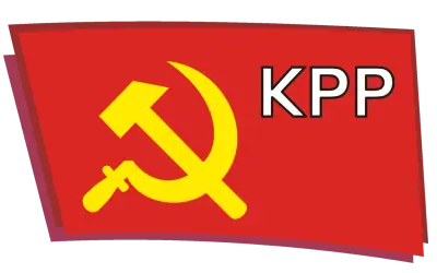 Czerwona chorągiew z żółtym sierpem i młotem oraz napisem KPP.
