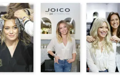 Hilary Duff przechodzi regenerację włosów u fryzjera. Włosy są zawinięte w folię, a potem widać ją z piękną fryzurą.