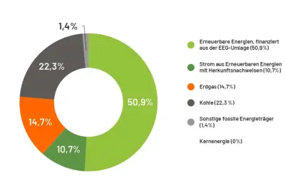 Kreisdiagramm zeigt, woher der Strom kommt: 50,9% aus erneuerbaren Energien (EEG-Umlage), 22,3% aus Kohle, 14,7% aus Erdgas.