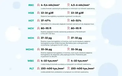Tabela norm laboratoryjnych: RBC, HGB, HCT, MCV, MCH, MCHC, WBC i PLT (płytki krwi).