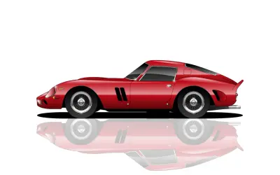 Un icónico Ferrari de los años 70, rojo brillante, con su reflejo perfecto.